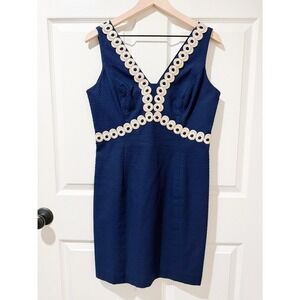 Lilly Pulitzer Esme 100% Cotton Mini Shift Dress Navy Gold Circle Embroidered 8